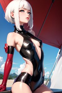 anime,busty,small tits,18 age,pouting lips face,white hair,bangs hair style,dark skin,skin detail (beta),tent,front view,straddling,latex