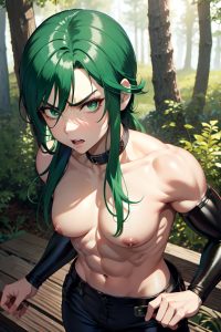 anime,muscular,small tits,20s age,angry face,green hair,slicked hair style,light skin,cyberpunk,forest,close-up view,plank,goth