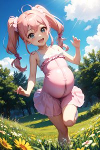anime,pregnant,small tits,30s age,happy face,pink hair,pigtails hair style,light skin,warm anime,meadow,close-up view,jumping,latex