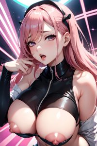 anime,busty,huge boobs,40s age,orgasm face,pink hair,slicked hair style,light skin,soft anime,strip club,front view,cumshot,nude
