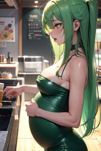 anime,pregnant,small tits,20s age,orgasm face,green hair,messy hair style,light skin,charcoal,cafe,side view,cumshot,latex