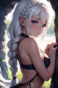 anime,chubby,small tits,30s age,sad face,white hair,braided hair style,dark skin,illustration,cave,close-up view,on back,fishnet