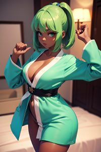 anime,busty,small tits,50s age,serious face,green hair,bangs hair style,dark skin,3d,stage,close-up view,t-pose,bathrobe