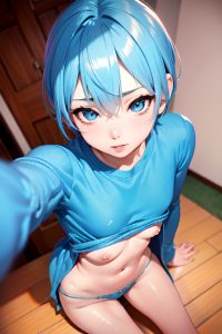 anime,skinny,small tits,20s age,ahegao face,blue hair,pixie hair style,light skin,warm anime,bedroom,close-up view,plank,pajamas