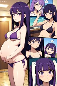 anime,pregnant,small tits,60s age,angry face,purple hair,straight hair style,light skin,soft + warm,wedding,side view,t-pose,bikini