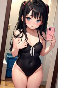 anime,chubby,small tits,20s age,pouting lips face,black hair,straight hair style,light skin,mirror selfie,cave,back view,spreading legs,goth