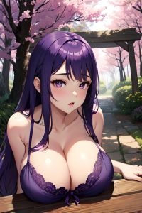 anime,busty,huge boobs,50s age,pouting lips face,purple hair,straight hair style,dark skin,illustration,forest,side view,plank,bra