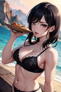 anime,muscular,small tits,50s age,ahegao face,black hair,slicked hair style,light skin,charcoal,mountains,front view,eating,lingerie