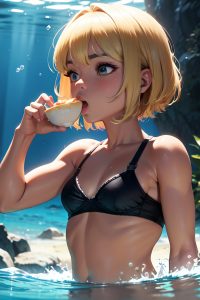 anime,muscular,small tits,80s age,shocked face,blonde,bobcut hair style,dark skin,3d,underwater,side view,eating,bra