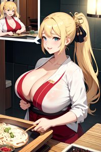 anime,chubby,huge boobs,40s age,happy face,blonde,ponytail hair style,light skin,warm anime,shower,close-up view,cooking,geisha