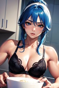 anime,muscular,small tits,70s age,seductive face,blue hair,messy hair style,light skin,black and white,bathroom,close-up view,cooking,lingerie