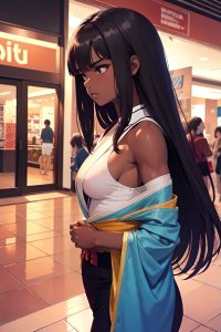 anime,muscular,small tits,70s age,sad face,brunette,messy hair style,dark skin,film photo,mall,side view,yoga,kimono