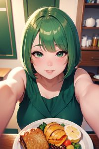 anime,chubby,small tits,60s age,happy face,green hair,bobcut hair style,light skin,mirror selfie,wedding,close-up view,eating,schoolgirl