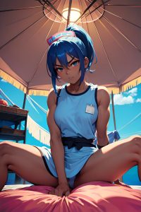 anime,muscular,small tits,20s age,angry face,blue hair,ponytail hair style,dark skin,soft + warm,tent,front view,spreading legs,nurse