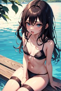 anime,skinny,small tits,18 age,orgasm face,brunette,messy hair style,dark skin,watercolor,lake,close-up view,eating,stockings