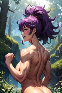 anime,muscular,huge boobs,70s age,laughing face,purple hair,messy hair style,dark skin,film photo,forest,back view,cumshot,nude