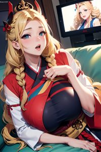 anime,busty,huge boobs,20s age,shocked face,blonde,braided hair style,light skin,illustration,couch,front view,gaming,geisha