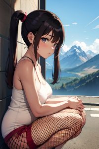 anime,pregnant,small tits,30s age,sad face,ginger,pigtails hair style,dark skin,soft + warm,mountains,side view,squatting,fishnet