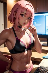 anime,muscular,small tits,20s age,seductive face,pink hair,bangs hair style,dark skin,warm anime,bar,front view,gaming,bra
