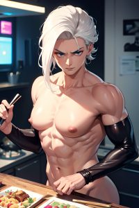 anime,muscular,small tits,30s age,serious face,white hair,slicked hair style,dark skin,cyberpunk,club,close-up view,cooking,nude