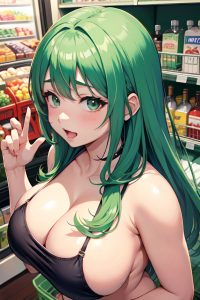 anime,chubby,huge boobs,20s age,ahegao face,green hair,bangs hair style,dark skin,watercolor,grocery,back view,plank,partially nude