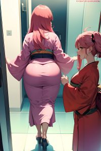 anime,chubby,huge boobs,40s age,angry face,pink hair,straight hair style,light skin,skin detail (beta),bathroom,back view,t-pose,kimono