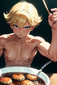 anime,muscular,small tits,70s age,angry face,blonde,pixie hair style,dark skin,watercolor,club,close-up view,cooking,nude