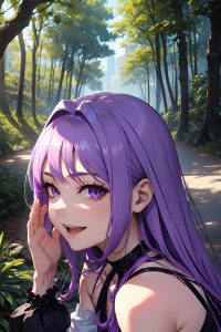 anime,skinny,small tits,30s age,laughing face,purple hair,straight hair style,light skin,cyberpunk,forest,close-up view,yoga,maid