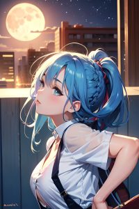 anime,busty,small tits,20s age,seductive face,blue hair,braided hair style,light skin,warm anime,moon,side view,t-pose,schoolgirl