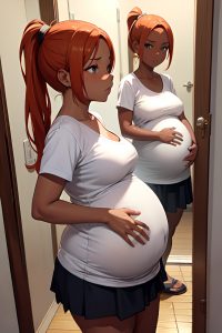 anime,pregnant,small tits,30s age,sad face,ginger,ponytail hair style,dark skin,mirror selfie,prison,side view,on back,mini skirt