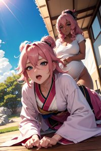 anime,pregnant,small tits,80s age,ahegao face,pink hair,messy hair style,dark skin,warm anime,tent,close-up view,bending over,geisha