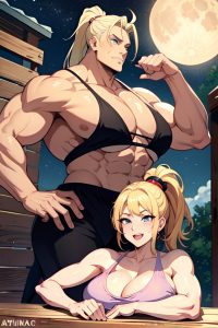 anime,muscular,huge boobs,50s age,ahegao face,blonde,ponytail hair style,light skin,painting,moon,front view,plank,pajamas
