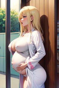 anime,pregnant,small tits,40s age,orgasm face,blonde,straight hair style,light skin,warm anime,prison,side view,on back,bathrobe