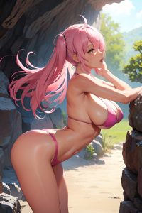 anime,skinny,huge boobs,80s age,orgasm face,pink hair,pixie hair style,dark skin,soft + warm,cave,back view,working out,bikini