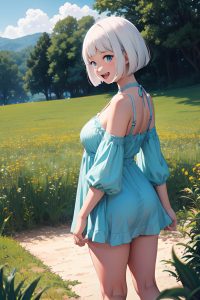 anime,chubby,small tits,18 age,laughing face,white hair,bobcut hair style,dark skin,film photo,meadow,back view,t-pose,lingerie