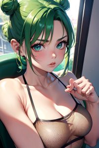 anime,muscular,small tits,18 age,pouting lips face,green hair,hair bun hair style,light skin,film photo,office,close-up view,working out,fishnet
