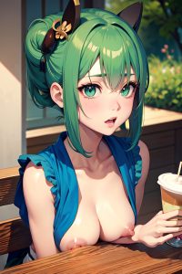 anime,skinny,small tits,50s age,shocked face,green hair,bangs hair style,light skin,soft anime,cafe,front view,gaming,geisha