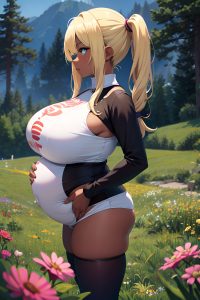 anime,pregnant,huge boobs,18 age,sad face,blonde,pigtails hair style,dark skin,soft + warm,meadow,side view,gaming,goth