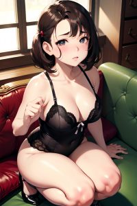 anime,chubby,small tits,40s age,sad face,brunette,slicked hair style,light skin,vintage,couch,front view,squatting,lingerie