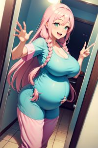 anime,pregnant,huge boobs,60s age,laughing face,pink hair,braided hair style,light skin,mirror selfie,bathroom,side view,t-pose,pajamas