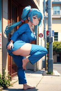 anime,chubby,small tits,70s age,serious face,blue hair,pigtails hair style,light skin,3d,street,side view,jumping,pajamas