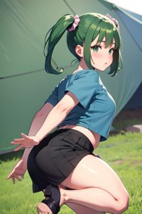 anime,chubby,small tits,30s age,sad face,green hair,pigtails hair style,dark skin,charcoal,tent,back view,jumping,mini skirt