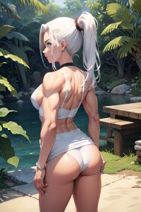 anime,muscular,small tits,18 age,serious face,white hair,slicked hair style,light skin,painting,jungle,back view,massage,mini skirt