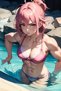 anime,muscular,small tits,20s age,serious face,pink hair,messy hair style,light skin,soft + warm,car,close-up view,bathing,bra