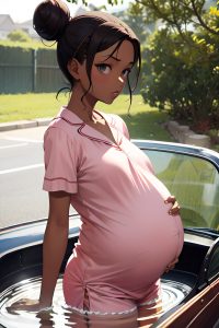 anime,pregnant,small tits,30s age,serious face,ginger,hair bun hair style,dark skin,vintage,car,side view,bathing,pajamas