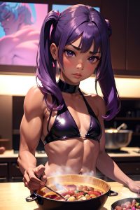 anime,muscular,small tits,70s age,pouting lips face,purple hair,slicked hair style,dark skin,crisp anime,casino,front view,cooking,latex