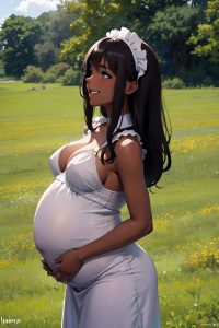 anime,pregnant,small tits,20s age,laughing face,brunette,messy hair style,dark skin,dark fantasy,meadow,side view,cumshot,maid