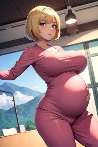anime,pregnant,huge boobs,30s age,serious face,blonde,bobcut hair style,light skin,crisp anime,stage,close-up view,jumping,pajamas