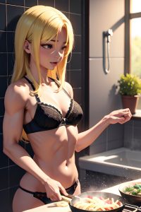 anime,muscular,small tits,40s age,ahegao face,blonde,straight hair style,dark skin,3d,shower,side view,cooking,bra