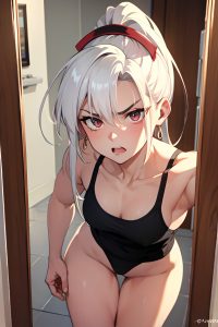 anime,muscular,small tits,20s age,angry face,white hair,ponytail hair style,light skin,mirror selfie,casino,close-up view,bending over,nurse